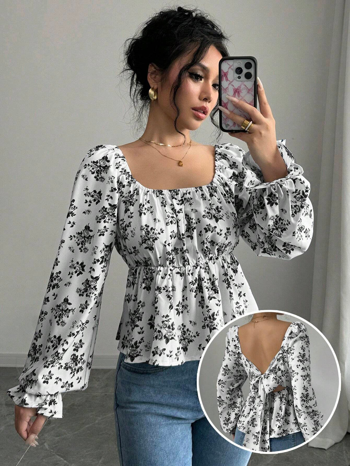 Essnce Women's Ditsy Ditsy Floral Tie-Front Puff Sleeve Blouse