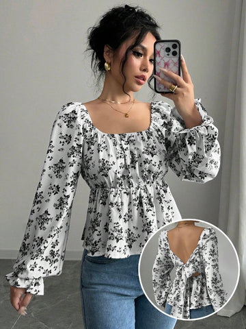 Essnce Women's Ditsy Ditsy Floral Tie-Front Puff Sleeve Blouse