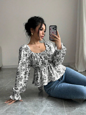 Essnce Women's Ditsy Ditsy Floral Tie-Front Puff Sleeve Blouse