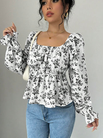 Essnce Women's Ditsy Ditsy Floral Tie-Front Puff Sleeve Blouse