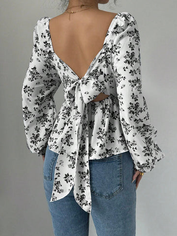 Essnce Women's Ditsy Ditsy Floral Tie-Front Puff Sleeve Blouse