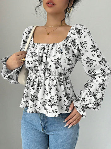 Essnce Women's Ditsy Ditsy Floral Tie-Front Puff Sleeve Blouse