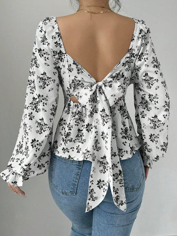 Essnce Women's Ditsy Ditsy Floral Tie-Front Puff Sleeve Blouse