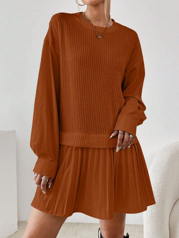 Women's Drop-Shoulder Pleated Hem Shift Dress