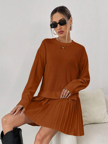 Women's Drop-Shoulder Pleated Hem Shift Dress