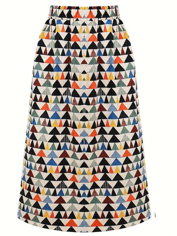 Essnce Women's Elastic Waist Geometric Print Long Casual Skirt