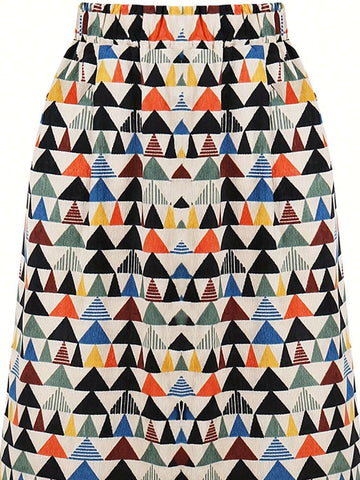 Essnce Women's Elastic Waist Geometric Print Long Casual Skirt