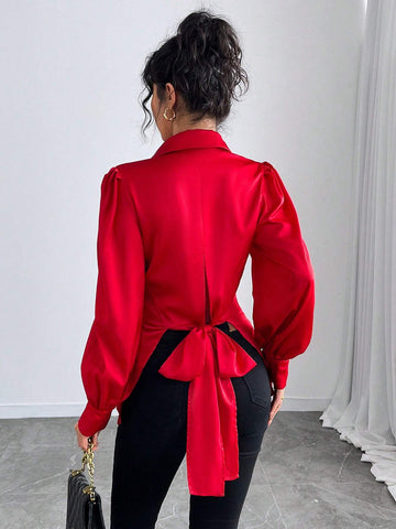 Essnce Women's Elegant Backless Tie Up Slim Fit Blouse