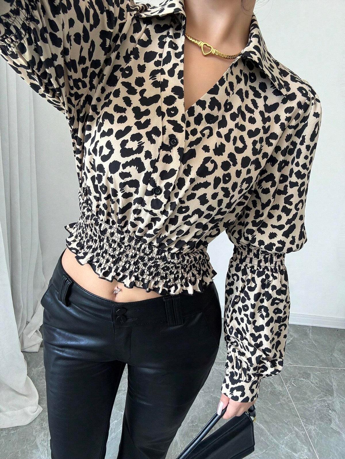 Essnce Women's Elegant Casual Leopard Print Balloon Sleeve Blouse