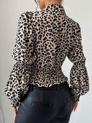 Essnce Women's Elegant Casual Leopard Print Balloon Sleeve Blouse