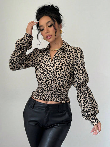 Essnce Women's Elegant Casual Leopard Print Balloon Sleeve Blouse