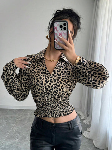 Essnce Women's Elegant Casual Leopard Print Balloon Sleeve Blouse