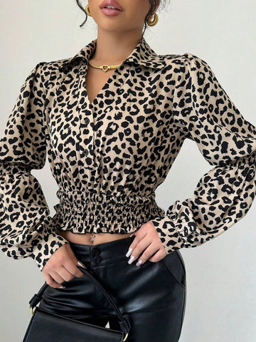 Essnce Women's Elegant Casual Leopard Print Balloon Sleeve Blouse