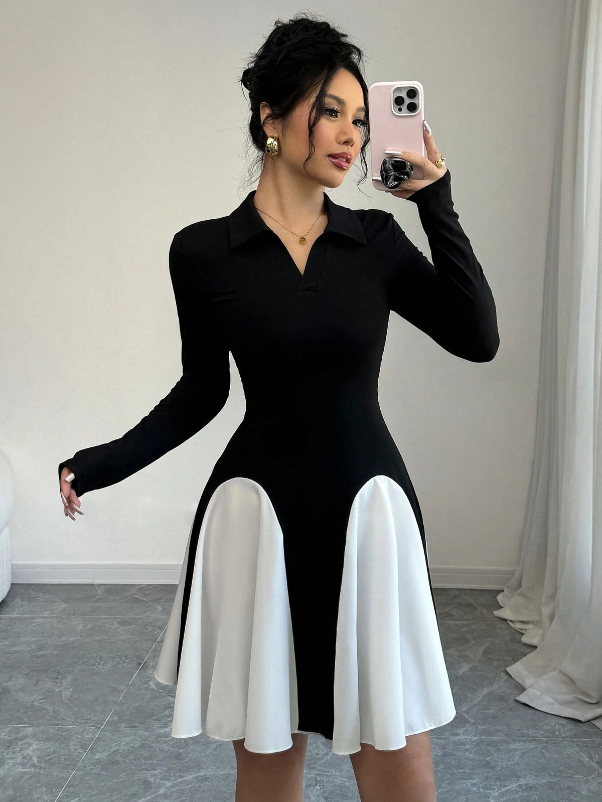 Women's Elegant Color Block Turn-Down Collar Fitted Long Sleeve Dress
