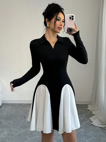 Women's Elegant Color Block Turn-Down Collar Fitted Long Sleeve Dress