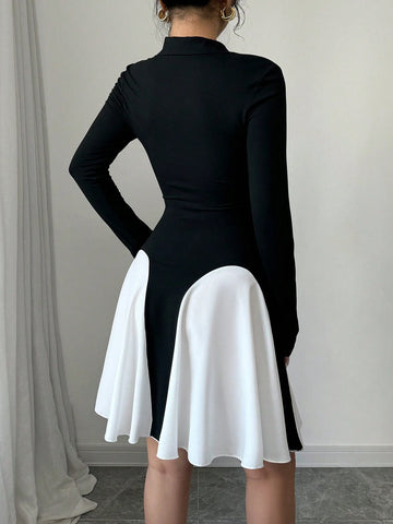 Women's Elegant Color Block Turn-Down Collar Fitted Long Sleeve Dress