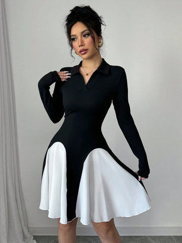 Women's Elegant Color Block Turn-Down Collar Fitted Long Sleeve Dress