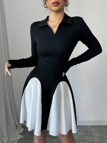 Women's Elegant Color Block Turn-Down Collar Fitted Long Sleeve Dress