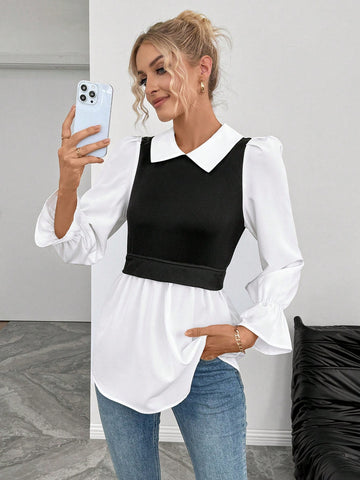 Essnce Women's Elegant Minimalist Waist Splicing Design Shirt