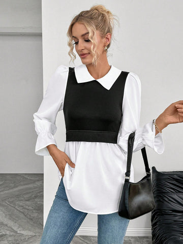 Essnce Women's Elegant Minimalist Waist Splicing Design Shirt
