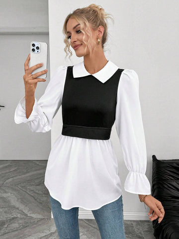 Essnce Women's Elegant Minimalist Waist Splicing Design Shirt