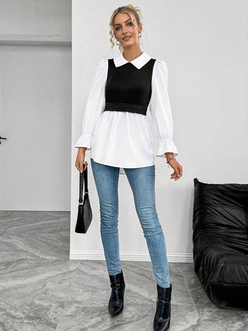 Essnce Women's Elegant Minimalist Waist Splicing Design Shirt