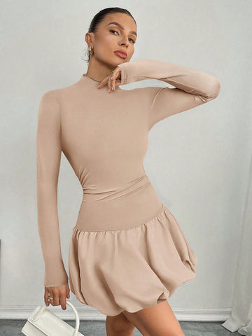 Women's Elegant Patchwork Floral Hem Midi Dress, Fall, Bachelorette Dress Y2k Dress, Lantern