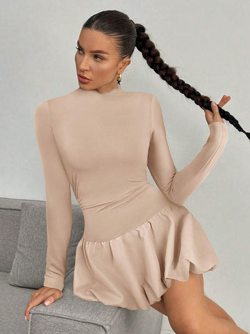 Women's Elegant Patchwork Floral Hem Midi Dress, Fall, Bachelorette Dress Y2k Dress, Lantern