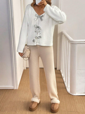 Women's Elegant Sparkling Silver Sequin Bow Decor Fleece T-Shirt, Autumn