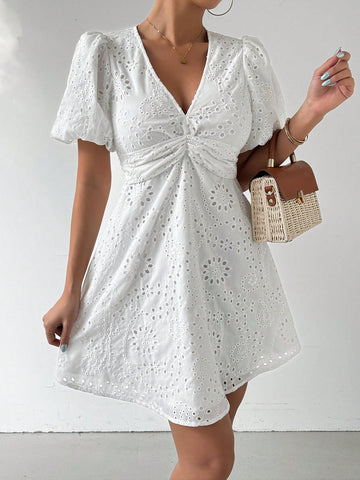 Women's Embroidered & Hollow Out Bust Twisted Puff Sleeve Dress