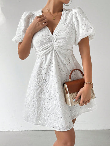 Women's Embroidered & Hollow Out Bust Twisted Puff Sleeve Dress