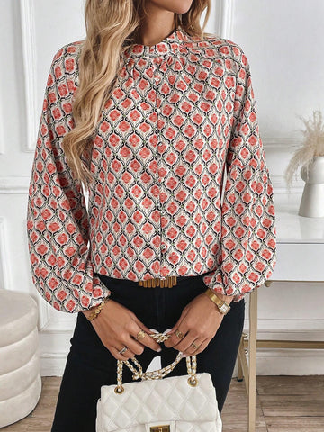Essnce Women's Fashion All-Over Print Lantern Sleeve Blouse, Spring Autumn