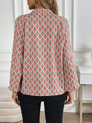 Essnce Women's Fashion All-Over Print Lantern Sleeve Blouse, Spring Autumn