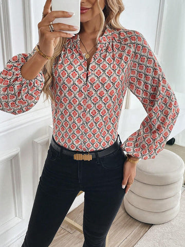 Essnce Women's Fashion All-Over Print Lantern Sleeve Blouse, Spring Autumn