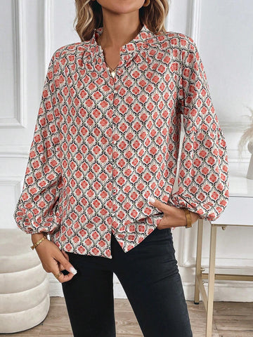 Essnce Women's Fashion All-Over Print Lantern Sleeve Blouse, Spring Autumn