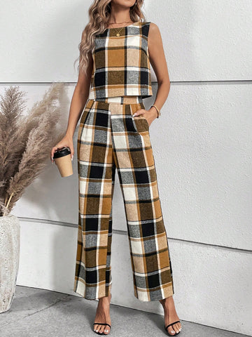 Women's Fashion Plaid Vest And Trouser Casual Suit