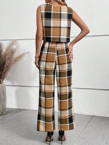Women's Fashion Plaid Vest And Trouser Casual Suit