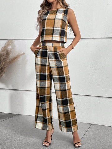 Women's Fashion Plaid Vest And Trouser Casual Suit