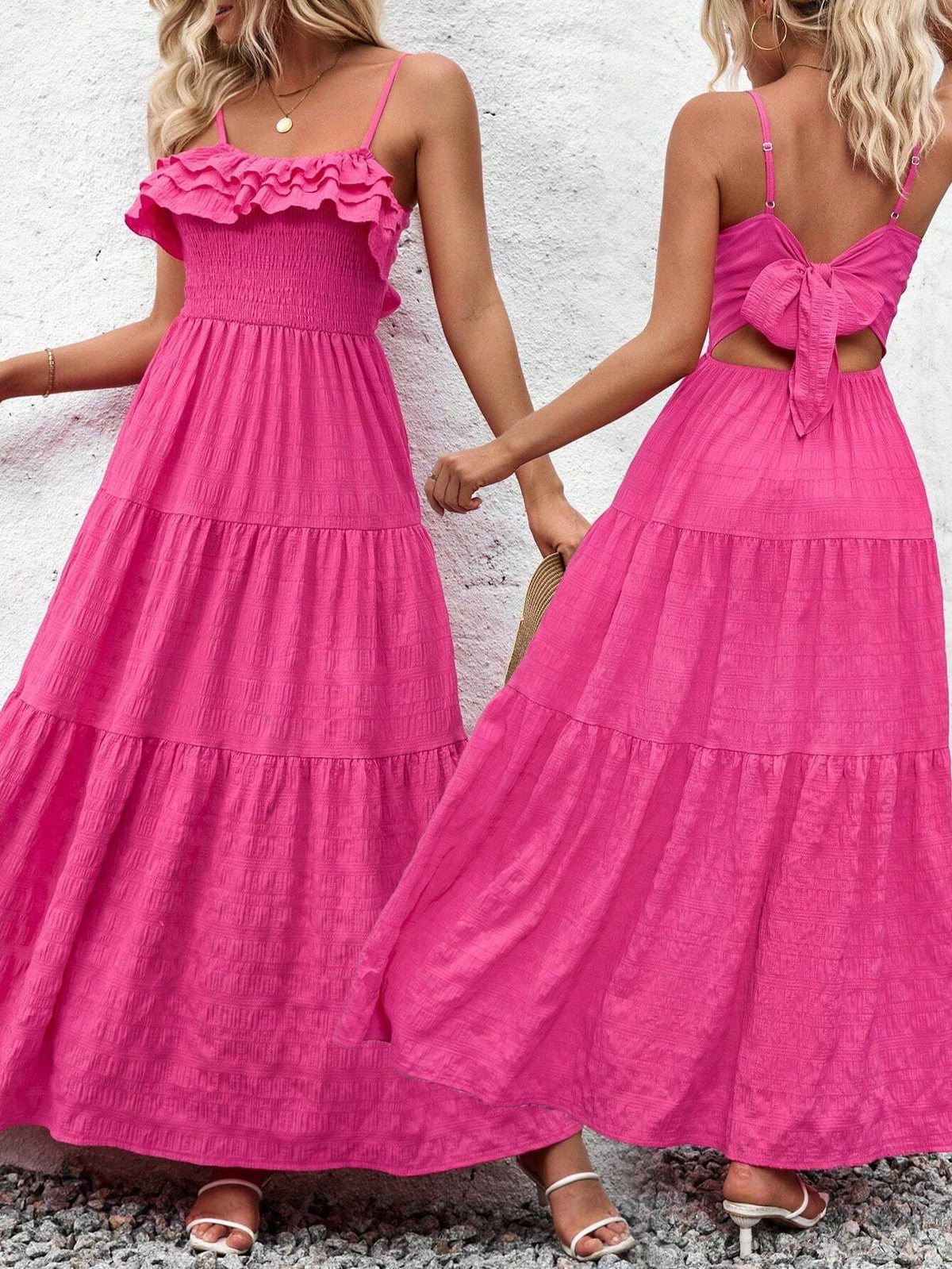 Women's Fashion Solid Color Ruffles Spaghetti Strap Summer Dress