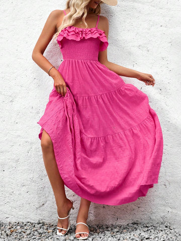 Women's Fashion Solid Color Ruffles Spaghetti Strap Summer Dress