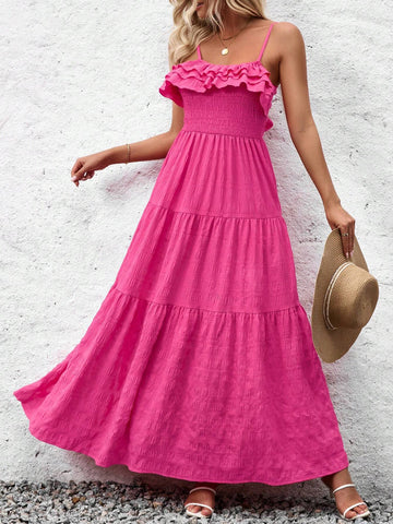 Women's Fashion Solid Color Ruffles Spaghetti Strap Summer Dress