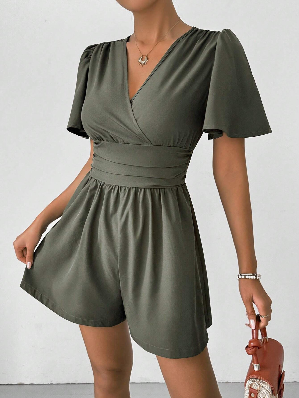 Women's Fashion Solid Color Short Sleeve V-Neck Jumpsuit