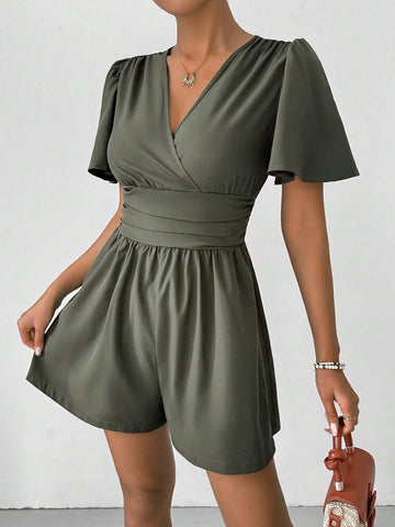 Women's Fashion Solid Color Short Sleeve V-Neck Jumpsuit