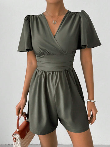 Women's Fashion Solid Color Short Sleeve V-Neck Jumpsuit