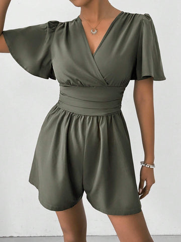 Women's Fashion Solid Color Short Sleeve V-Neck Jumpsuit