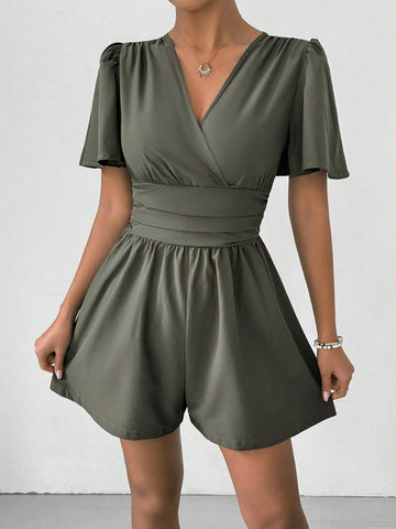 Women's Fashion Solid Color Short Sleeve V-Neck Jumpsuit