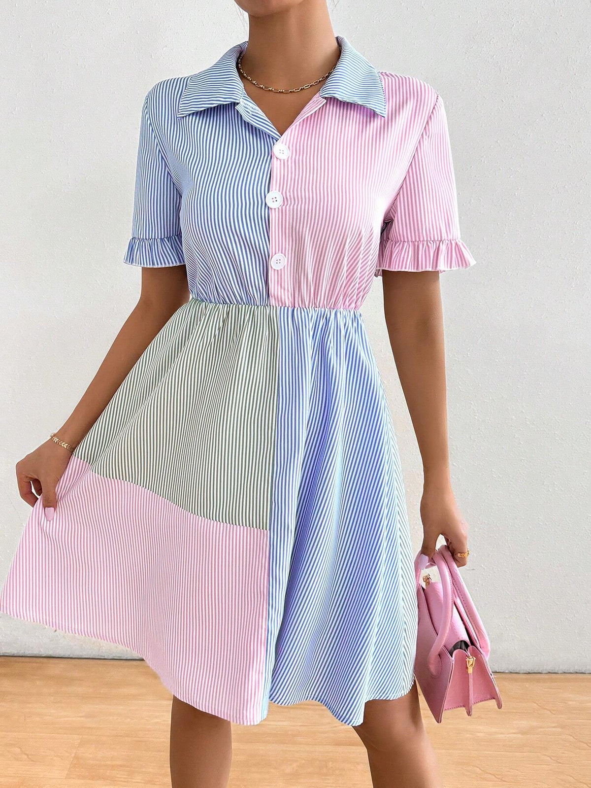 Women's Fashion Striped Short Sleeve Color Block Dress With Random Floral Pattern