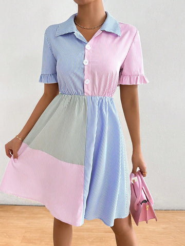 Women's Fashion Striped Short Sleeve Color Block Dress With Random Floral Pattern