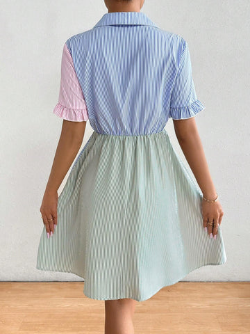 Women's Fashion Striped Short Sleeve Color Block Dress With Random Floral Pattern