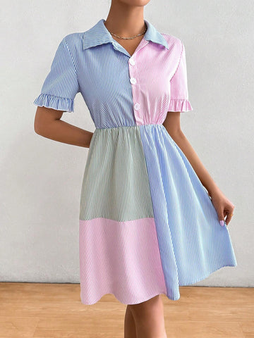 Women's Fashion Striped Short Sleeve Color Block Dress With Random Floral Pattern